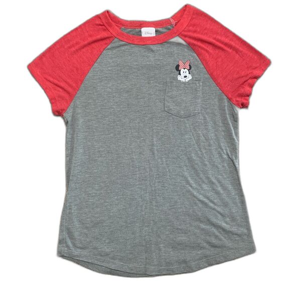 Disney Girls T-Shirt Small Gray Red Pocket Minnie Mouse Raglan Short Sleeve - Picture 1 of 9